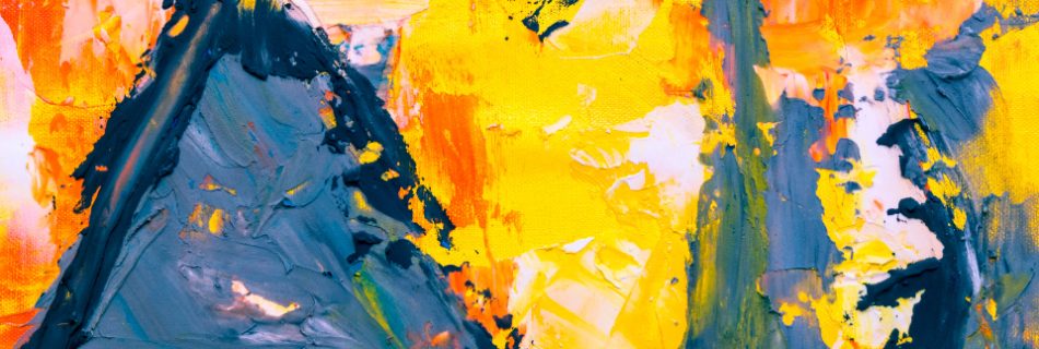 Thick strokes of blue, yellow and orange paint in an abstract painting