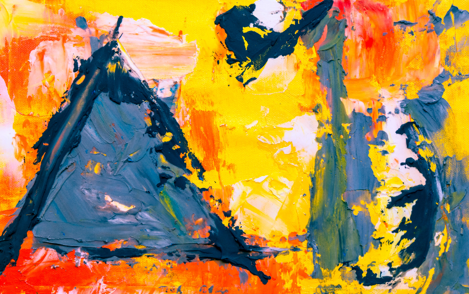 Thick strokes of blue, yellow and orange paint in an abstract painting