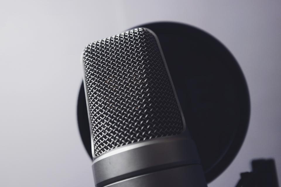 Close-up of a studio condenser microphone in front of a pop filter